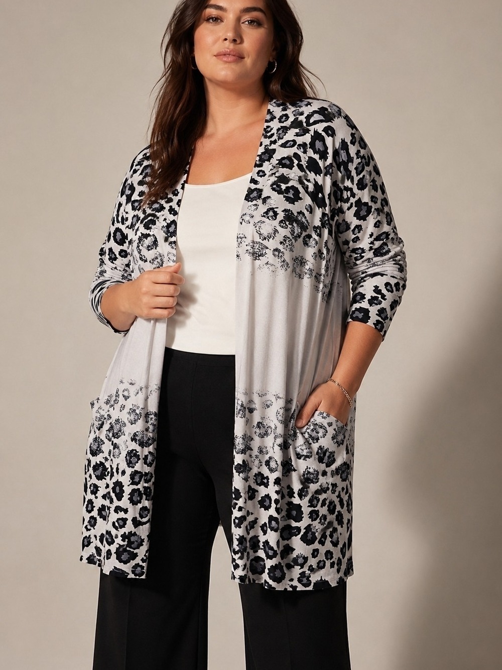 Leopard Print Open Front Cardigan 3X White Black Lightweight Plus Size